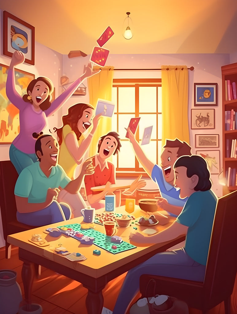 family jubilant after winning board game, living room play day