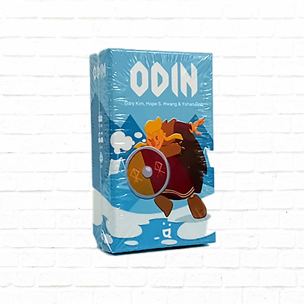 odin viking themed card game, blue skies and mountains in the background, brownish viking in front