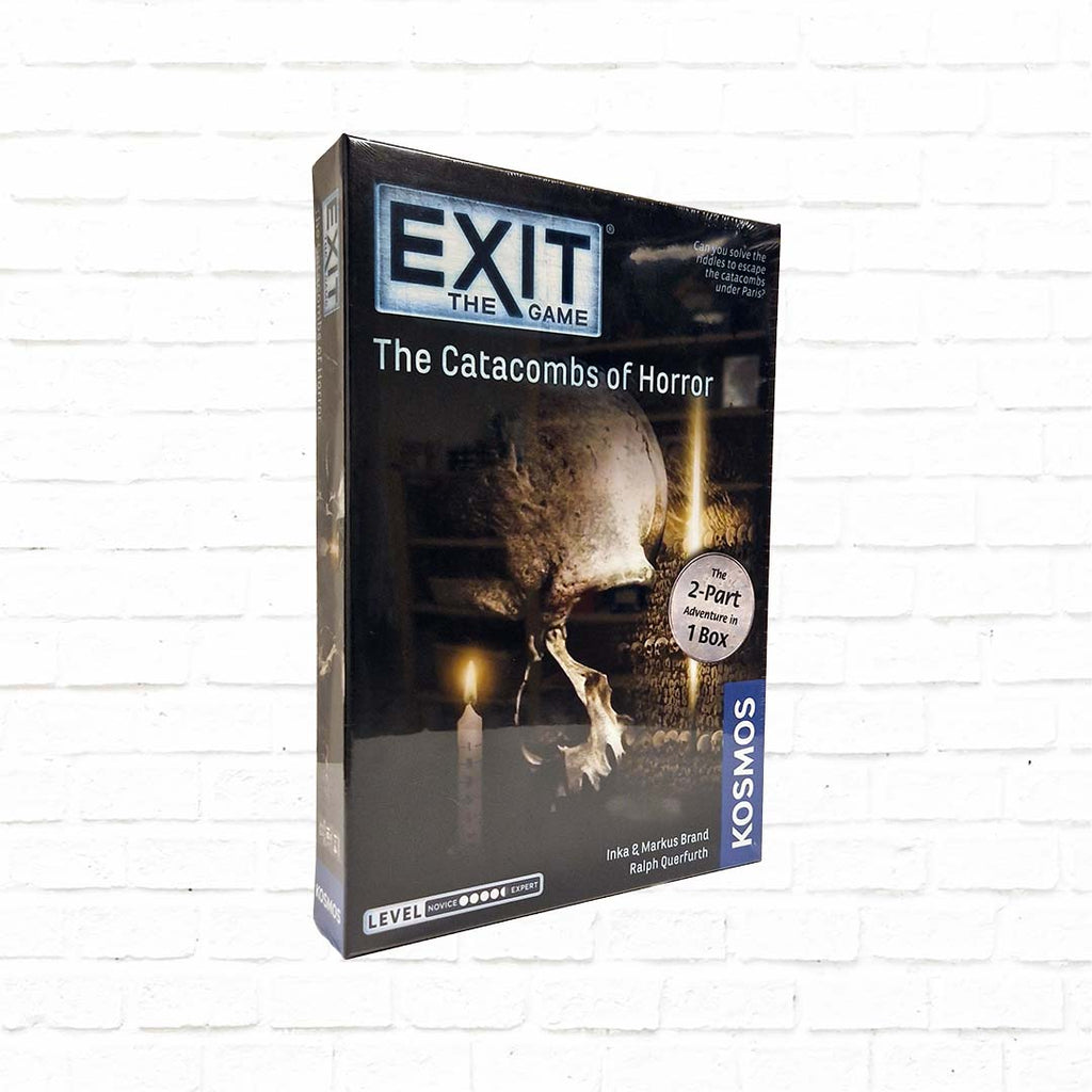 exit escape room card game, catacombs of horror case, black skull cover