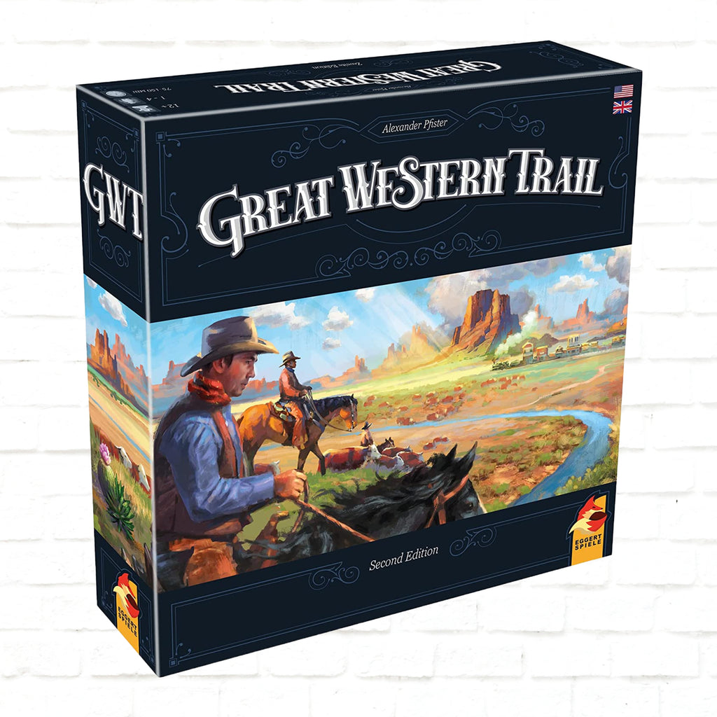 Eggertspiele Great Western Trail 2nd edition English Edition 3d cover of a board game for 1 to 4 players ages 12 and up playing time 75 to 150 minutes