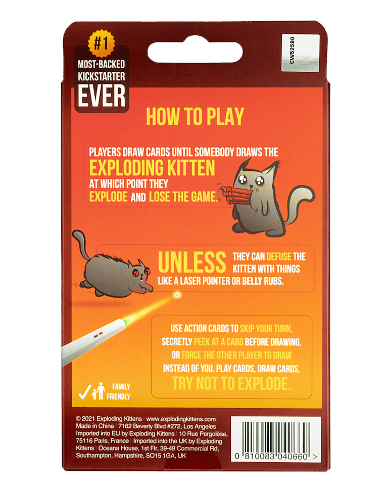 Exploding Kittens 2 player edition card game 2d box back of English edition