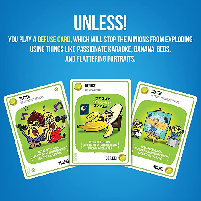 Exploding Kittens Exploding Minions card game presentation of defuse cards