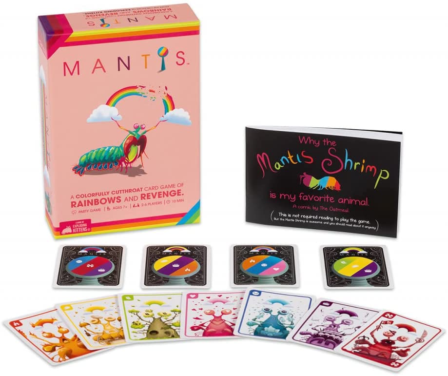 Exploding Kittens Mantis card game contents presentation with cards and rulebook displayed