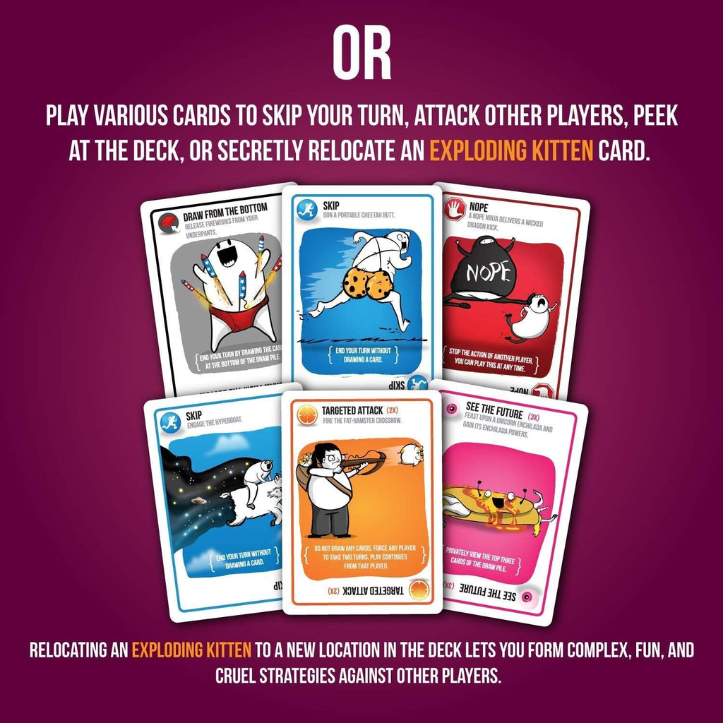 Exploding Kittens Party Pack cards to skip your turn and avoid exploding kitten