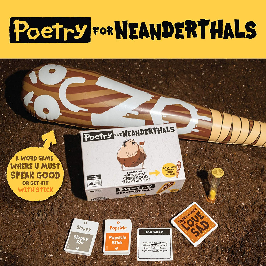 Exploding Kittens Poetry for Neandethals card game stick cards and timer components displayed