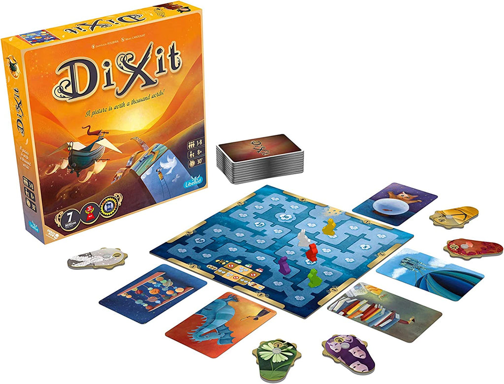 dixit board game displayed all contents