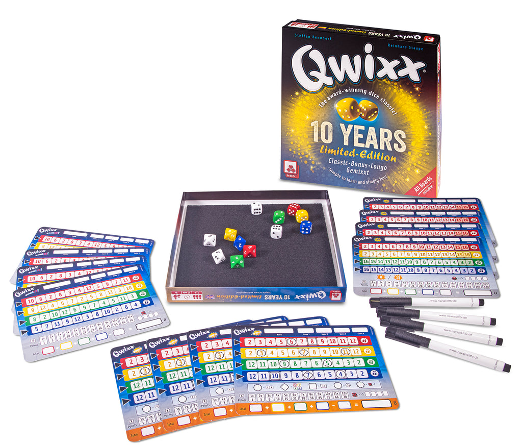Nürnberger-Spielkarten-Verlag Qwixx 10 Years Anniversary Limited Edition dice game scoring boards dice and pens presentation