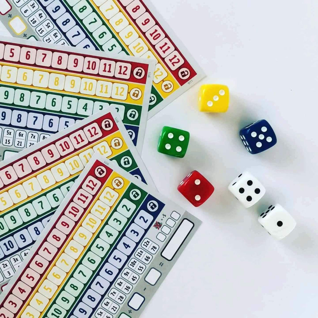 Qwixx dice game scoring blocks and colourful dice