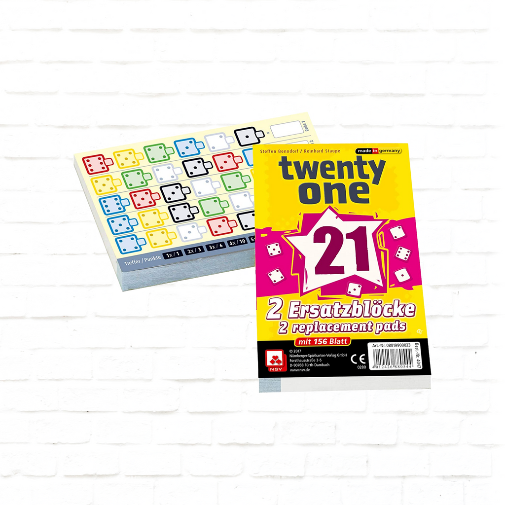 Nürnberger Spielkarten Verlag Twenty One Replacement Score Pads Expansion dice game cover of family game for 2 to 6 players ages 8 and up
