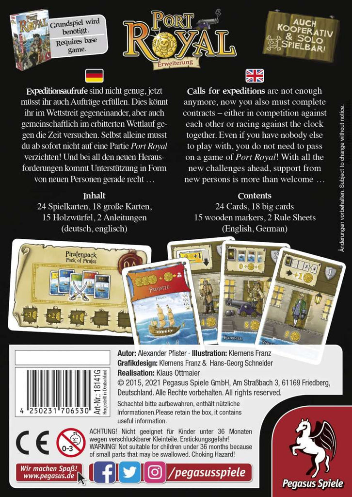 Pegasus Spiele Port Royal Just One More Contract... Expansion English-German Edition box back of the card game for 2 to 5 players ages 8 and up with playing time 20 to 50 minutes
