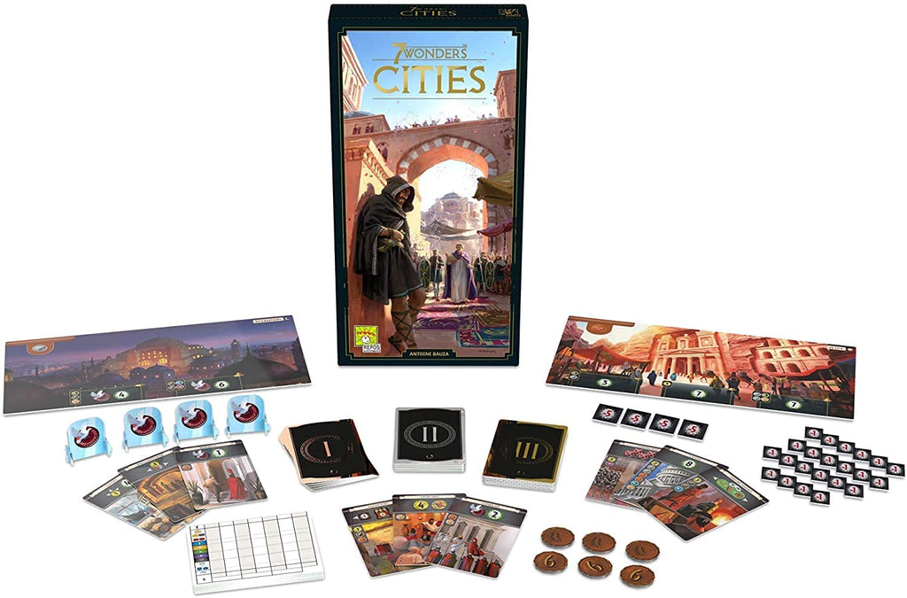 Repos Production 7 Wonders 2nd Edition Cities Expansion Board game contents with cards player boards tokens & markers displayed