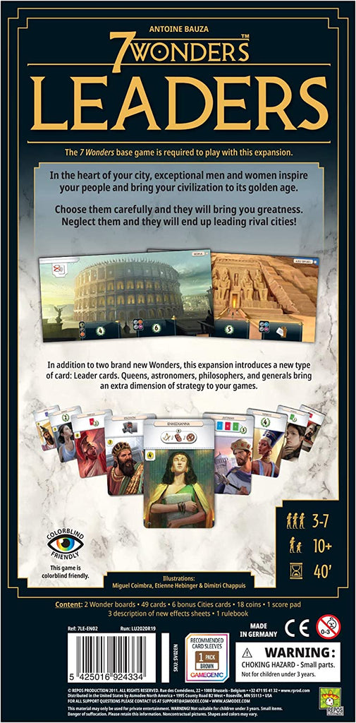 Repos Production 7 Wonders 2nd Edition Leaders Expansion card game 2d box back description and stats