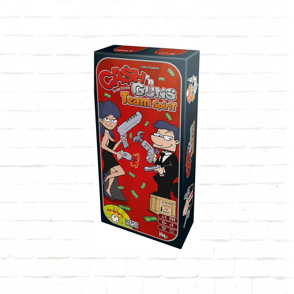 Repos Production Cash 'n Guns 2nd Edition Team Spirit Expansion board game cover of funny party card game