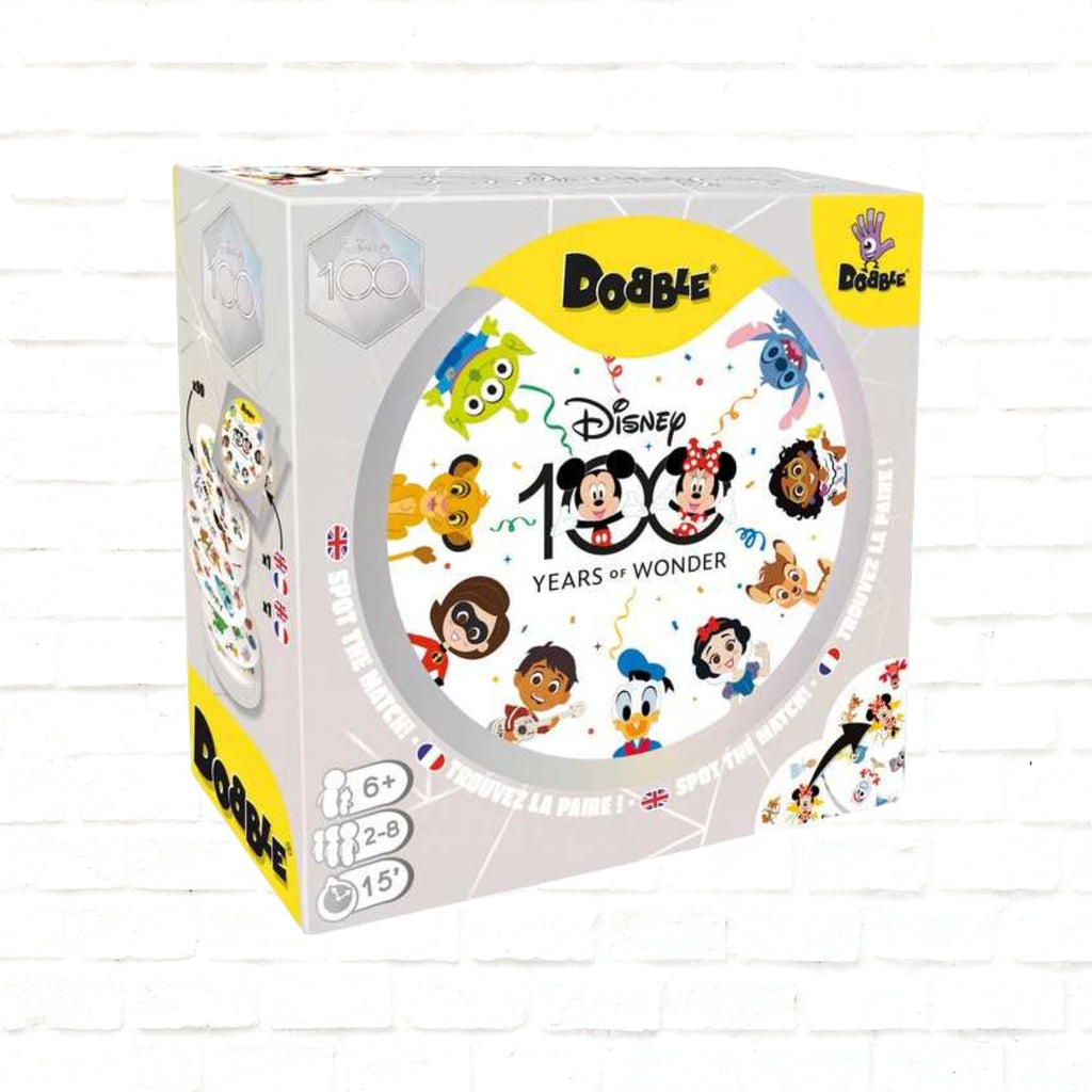 Asmodee Dobble Disney 100th Anniversary English-French edition 3d cover of card game for 2 to 8 players ages 6 and up 15 minutes playing time