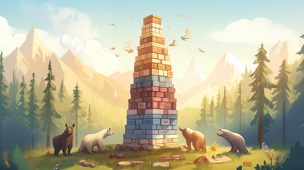 board game award, tower of board games in the middle of north America wildlife reserve, illustration in the style of Disney Pixar movie