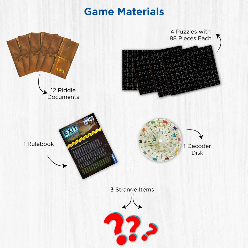 Thames Kosmos EXIT The Game  and Puzzle The Sacred Temple Board Game materials