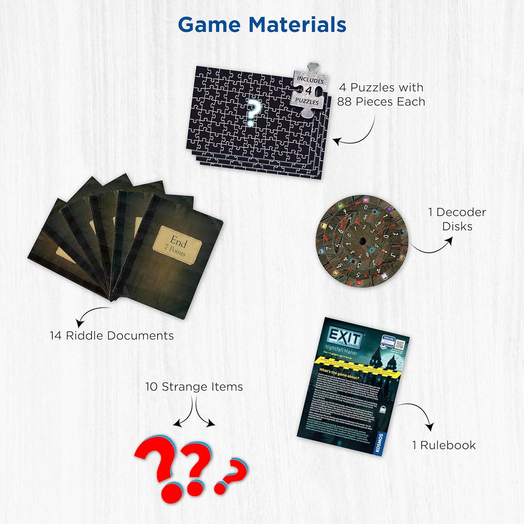 Thames Kosmos EXIT THe Game and Puzzle Nightfall Manor board game materials