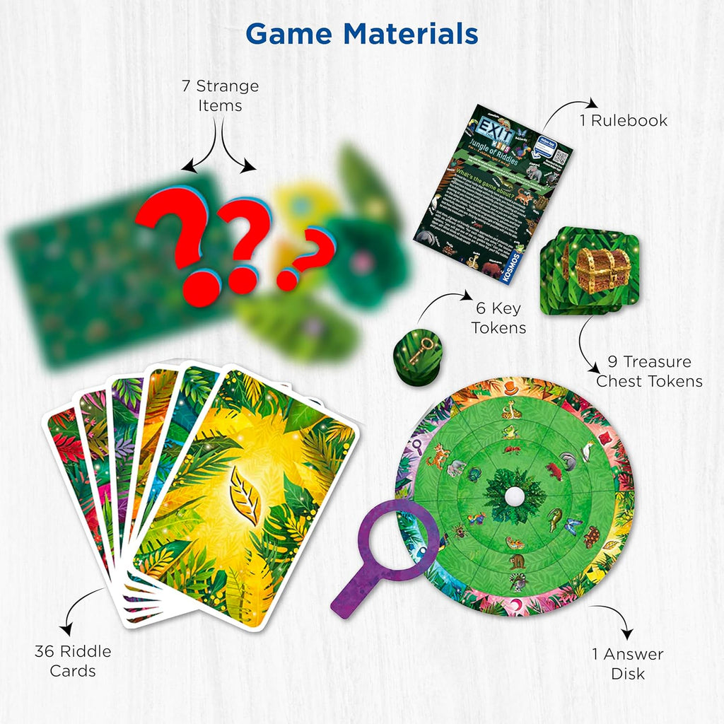 Thames Kosmos Exit The Game Kids Jungle of Riddles game materials with cards tokens rulebook