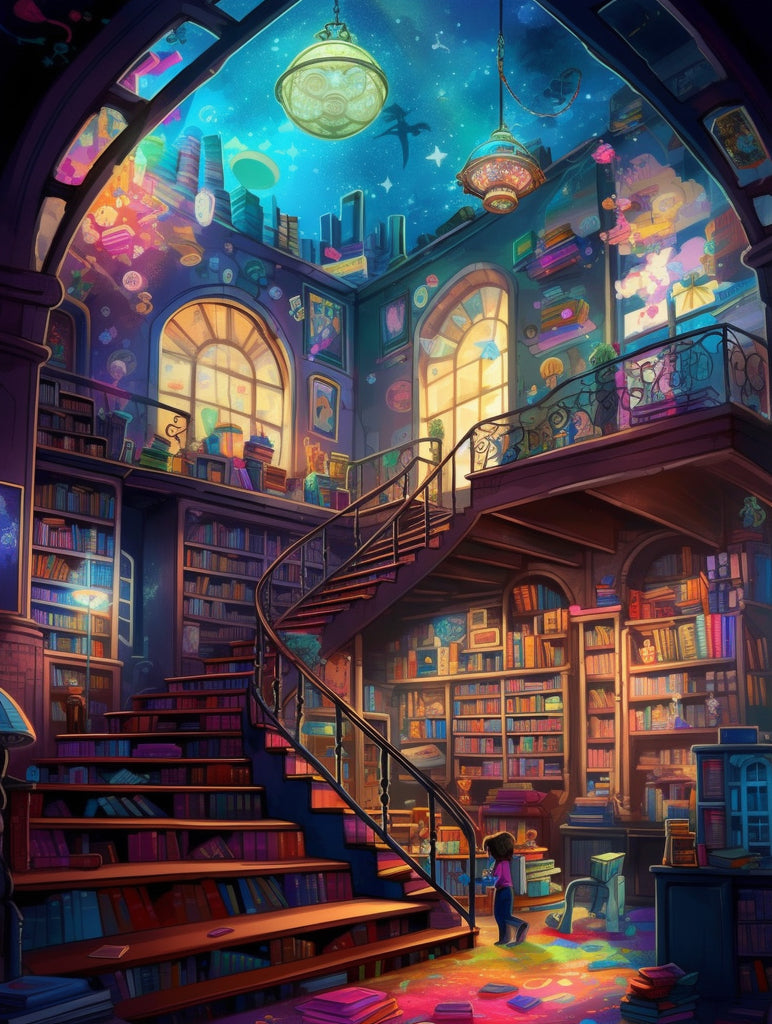 library full of board games, illuminating light, vibrant, girl walking up staircase