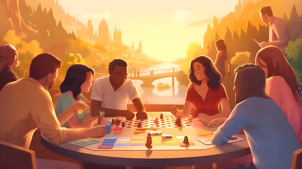 multicultural family and frineds playing board games outside, bridge, forrest and city in the background, sunset