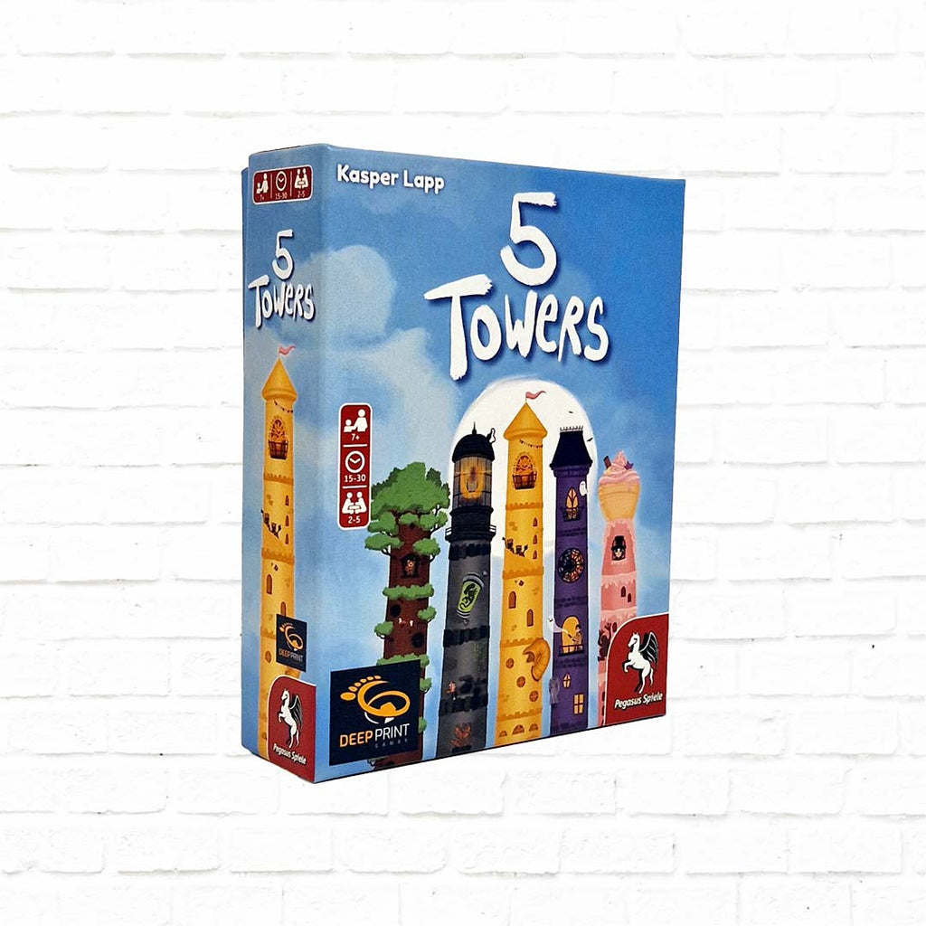 5 towers bidding card game by deep print games, sky blue, tower stacking