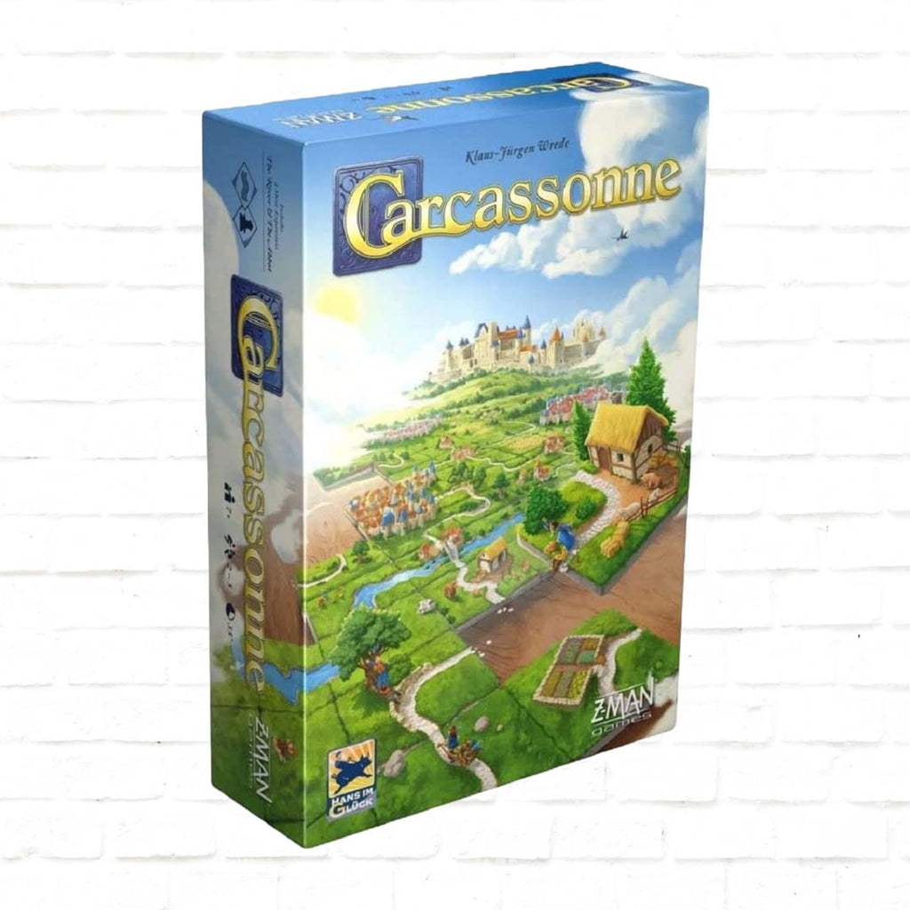 Z Man games Carcassonne 2023 box 3d cover of a board game for 2 to 5 players ages 7 and up playing time 35 minutes