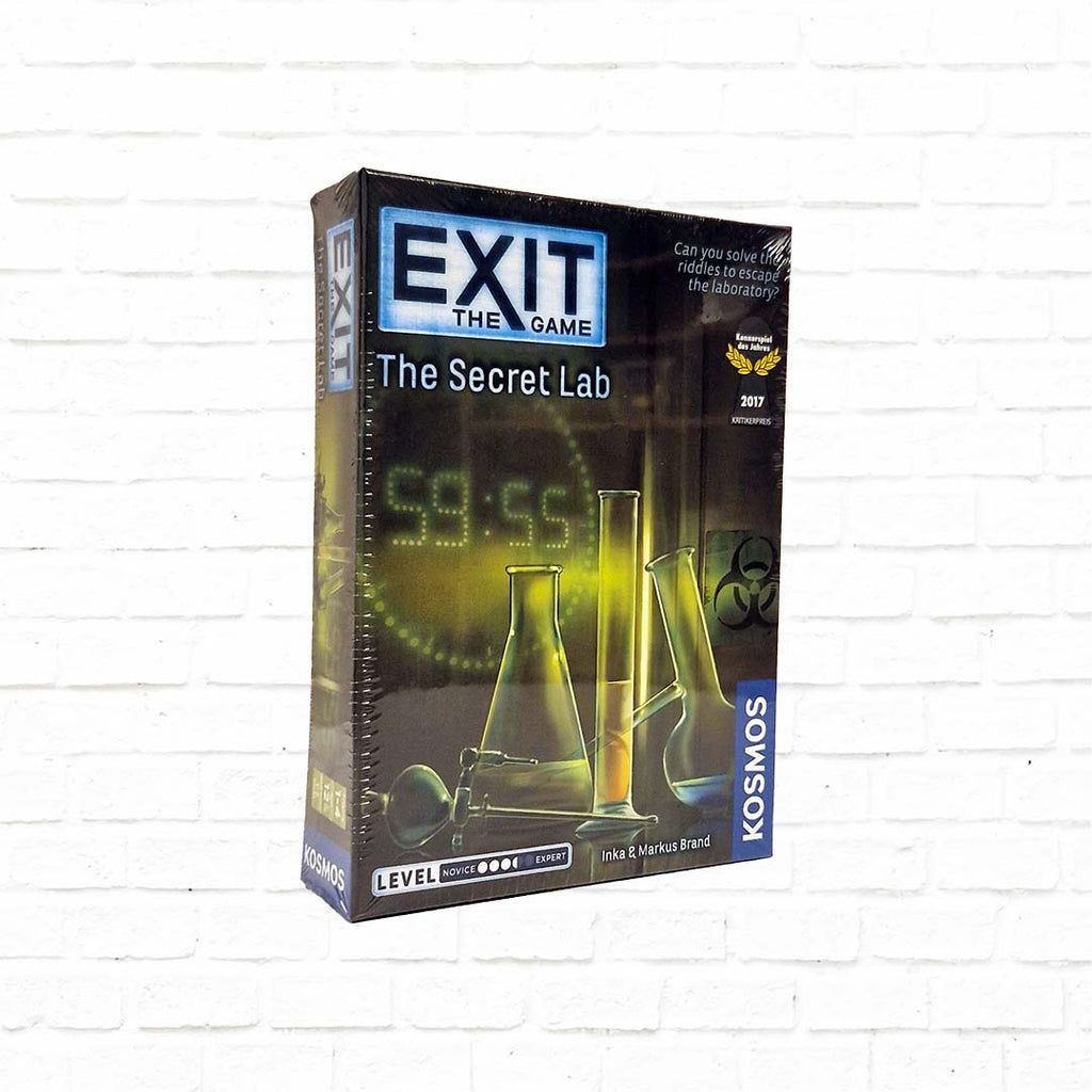 exit escape room card game, secret lab case, green cover