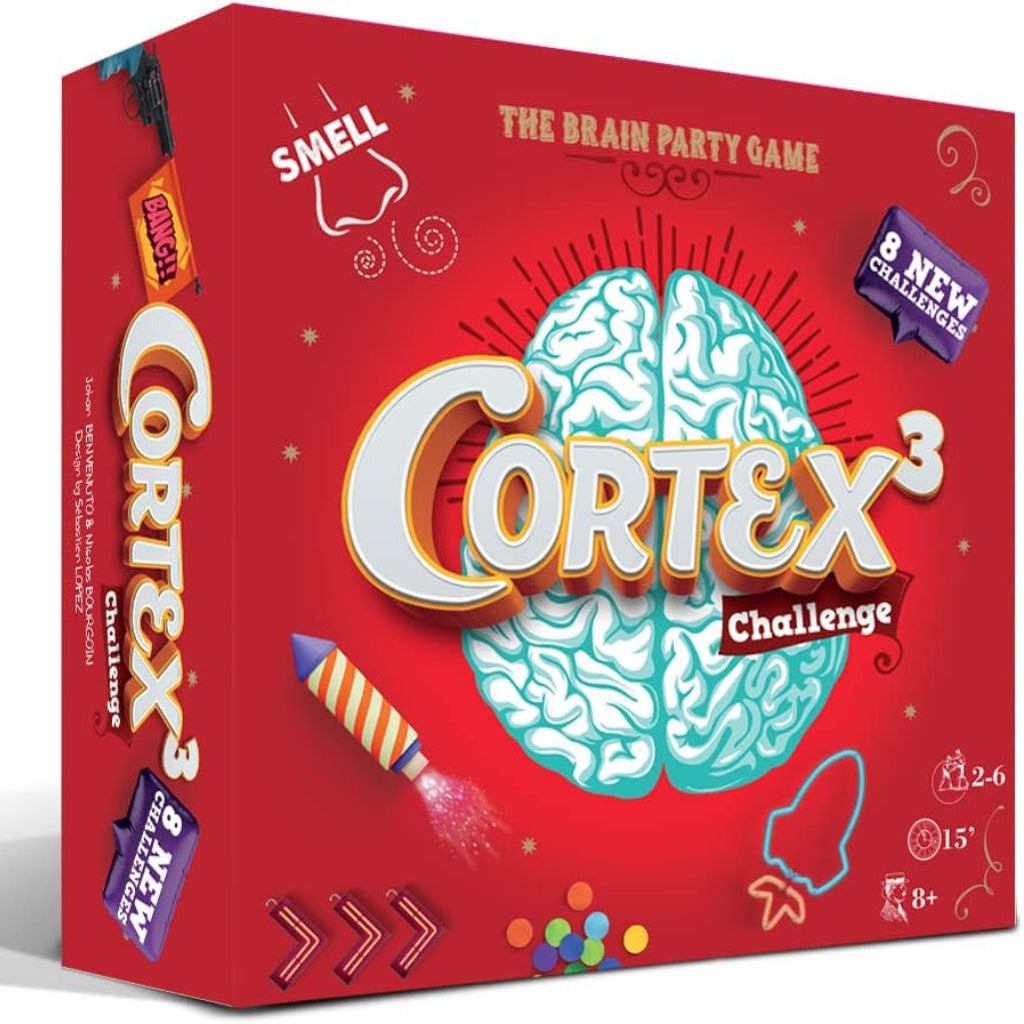 Red box of Cortex Challenge board game with brain graphic and colorful elements.