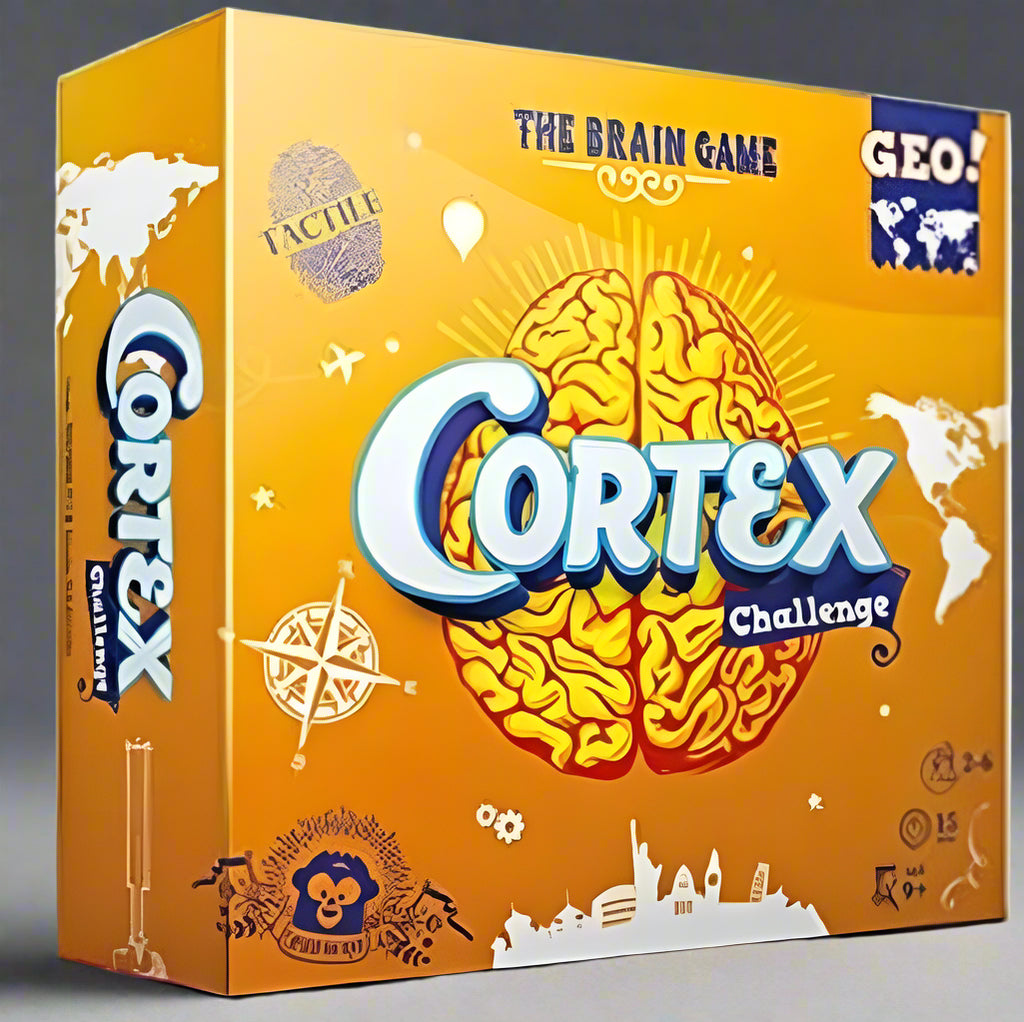Cortex Challenge board game box with orange background and brain graphic
