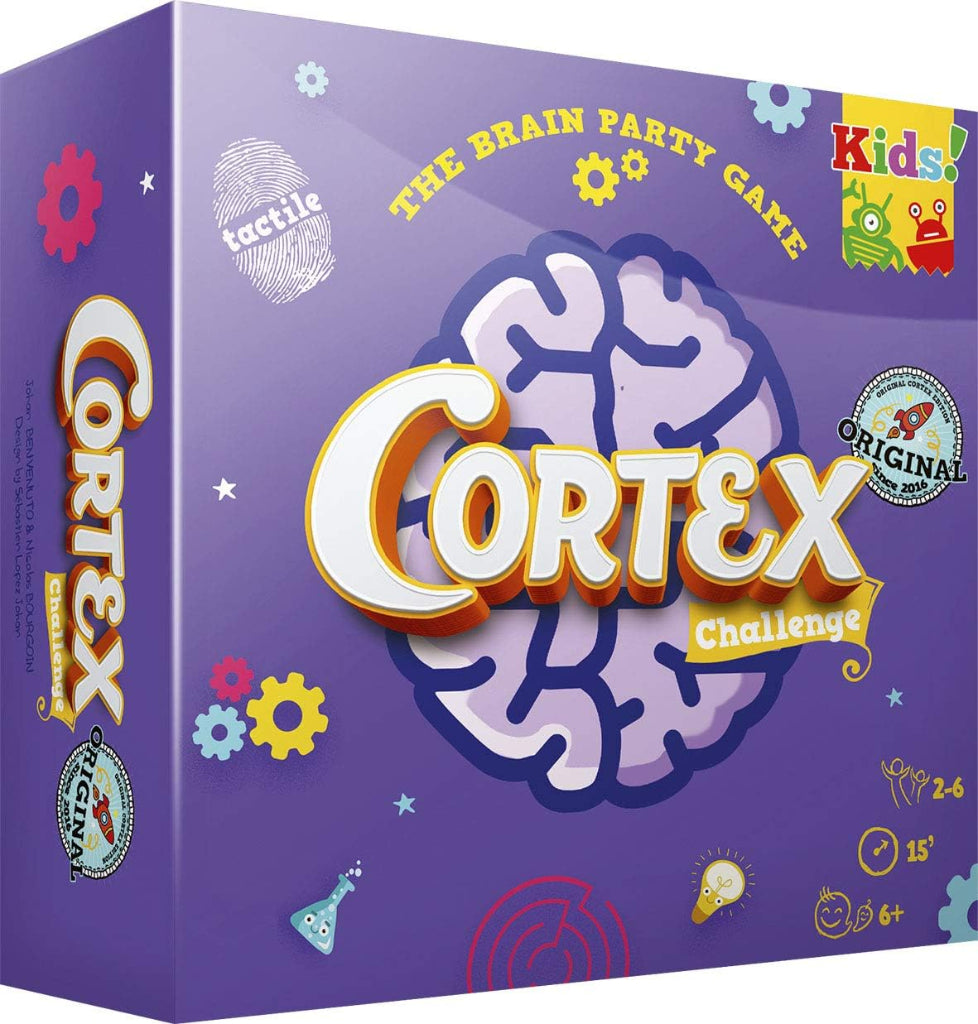 Cortex Challenge board game box with brain graphic and colorful design on a purple background