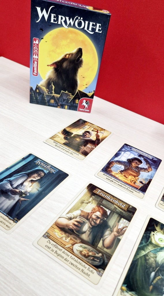 Pegasus Spiele Werewolves New Edition cards displayed at Nürnberg Toy Fair