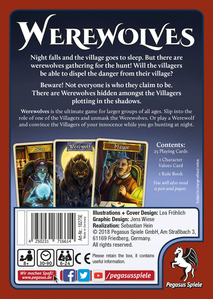 Pegasus Spiele Werewolves New card game box back of English Edition