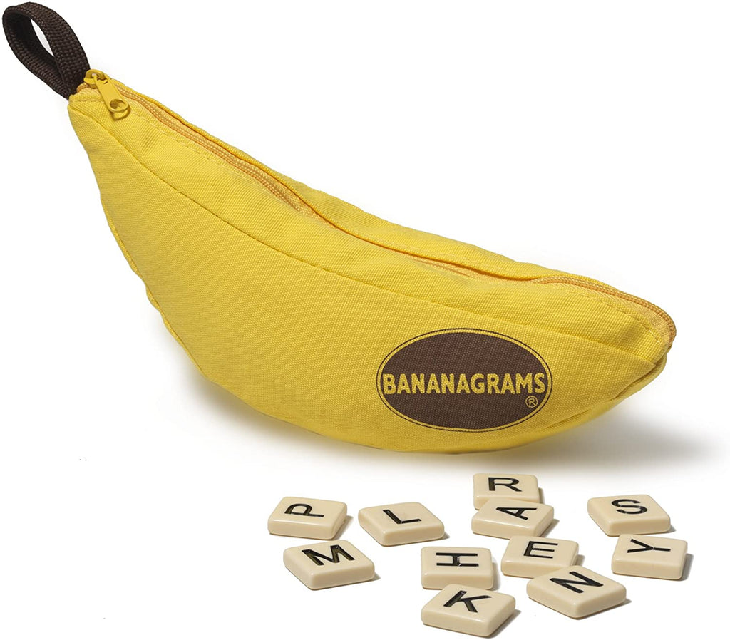 Bananagrams Bananagrams board game contents  with a banana and word tiles