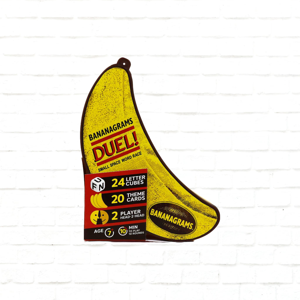 Bananagrams Duel! English Edition 3d cover of board game for 2 players ages 7 and up playing time 10 minutes 