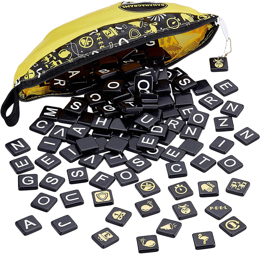 Bananagrams Party Edition board game contents with a lot of black-tiled letters