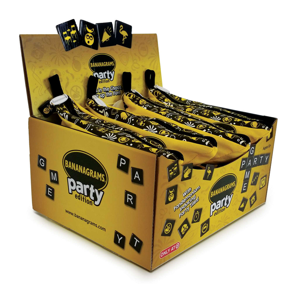 Bananagrams Party Edition with 12 packs of English Edition game in a standee