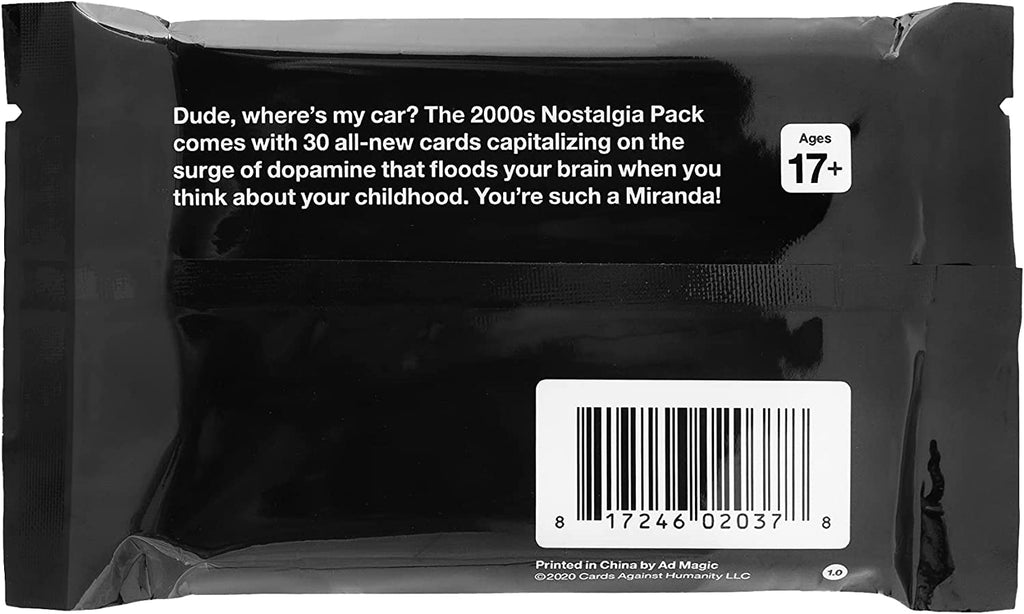 Cards Against Humanity 2000s Nostalgia Expansion Pack card game box back with description