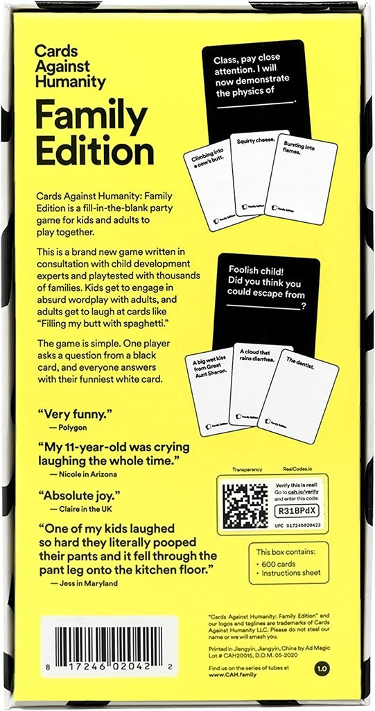 Cards Against Humanity Family Edition box back with description