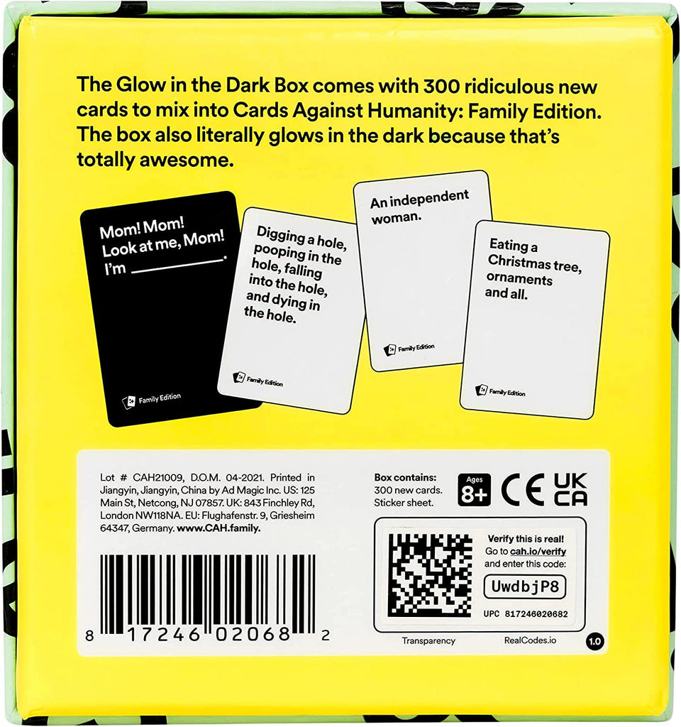 Cards Against Humanity Family Edition Glow in the Dark Expansion Box back with description