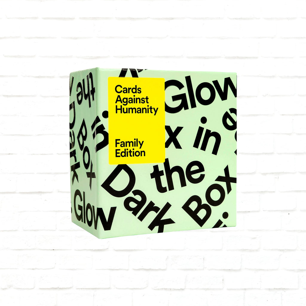Cards Against Humanity Family Edition Glow in the Dark Expansion Box English Edition 3d cover of a card game for 4 to 20+ players ages 8 and up playing time 30 to 90 minutes
