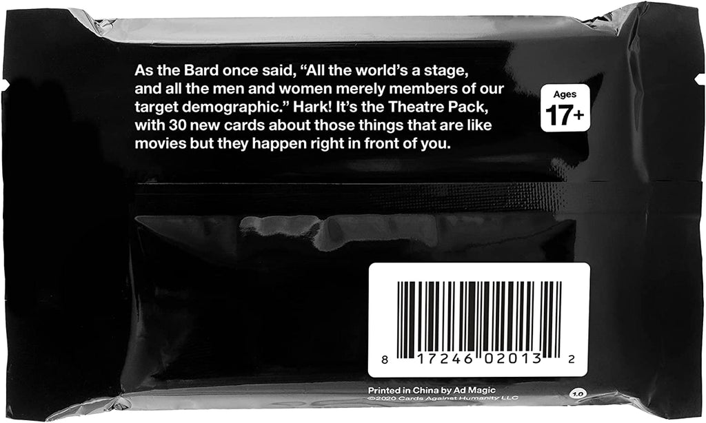 Cards Against Humanity Theatre Expansion Pack card game box back with description