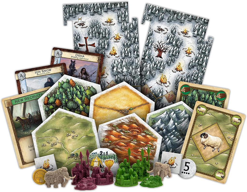 Catan Studio Fantasy Flight Games A Game of Thrones Catan Brotherhood of the Watch 5 and 6 player extension strategy and family board game expansion contents with resource tiles player boards and character cards plus miniatures