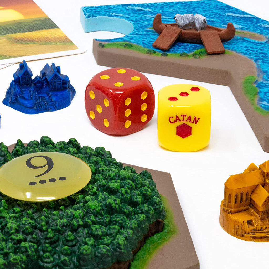 Catan Studio Catan 3D Edition board game dice cities miniatures and forest playing tiles