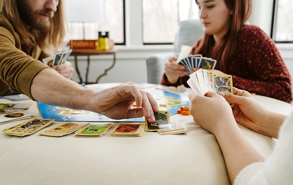 a couple of friends playing catan board game on an overcast afternoon in the autumn