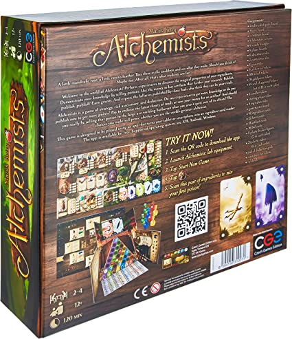 Czech Games Edition Alchemists English Edition board game 2d box back of strategy game for 2 to 4 players ages 14 and up
