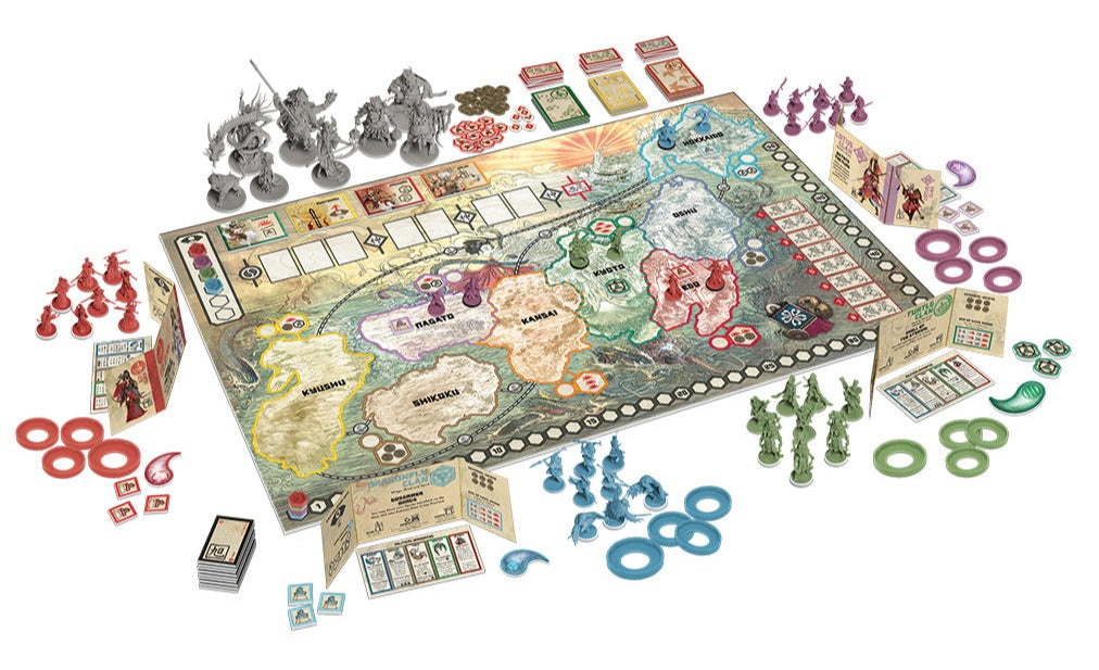 Cool Mini or Not Rising Sun board game setup for 4-player game