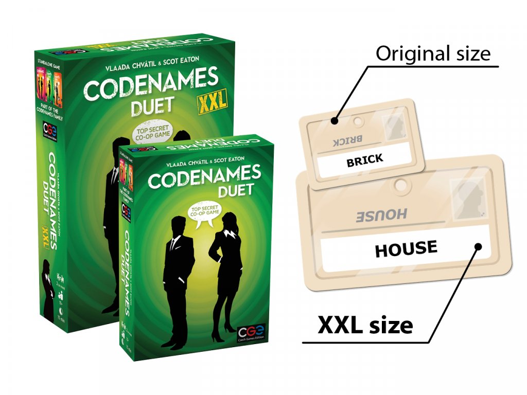 Czech Games Edition Codenames Duet XXL card game visual comparison of boxes size and cards size