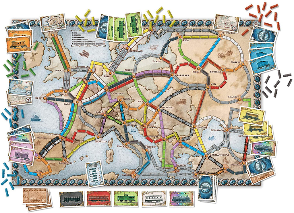 top down view of ticket to ride board trains and cards 