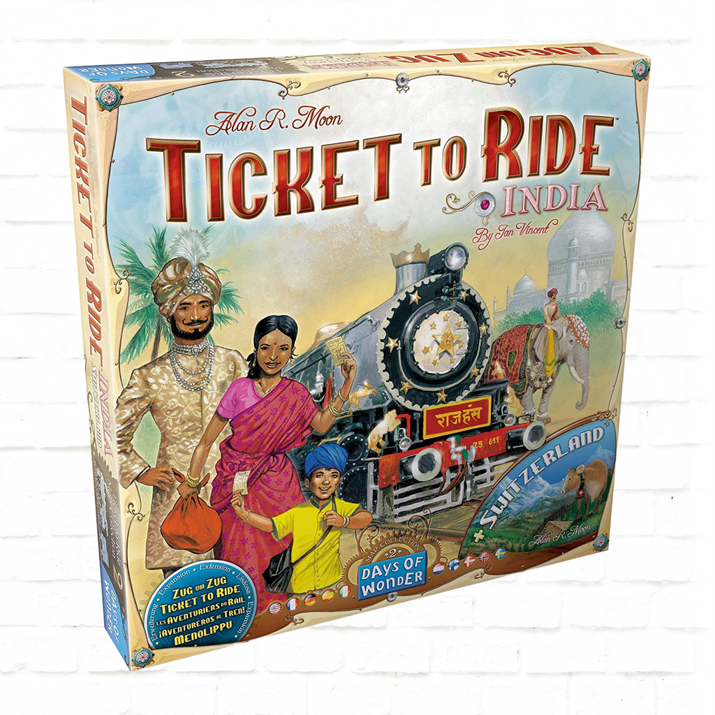 Days of Wonder Ticket to Ride Map Collection Volume #2 India and Switzerland Expansion International Edition board game cover of family game for 2 to 4 players ages 8 and up
