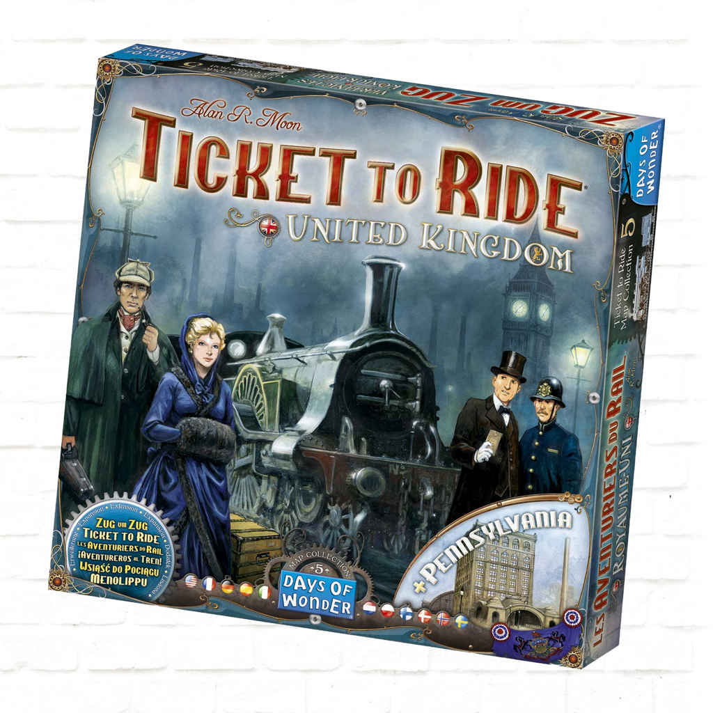 Days of Wonder Ticket to Ride Map Collection Volume #5 United Kingdom and Pennsylvania Expansion International Edition board game cover of family game for 2 to 5 players ages 8 and up